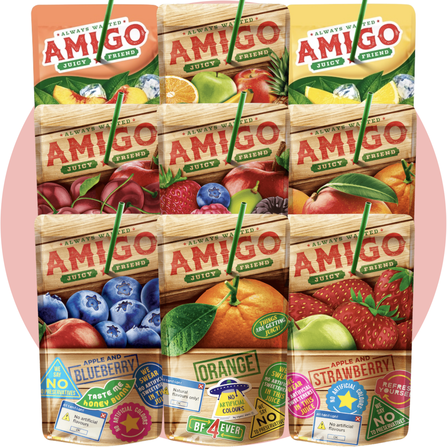 Amigo Bundle – 9 verschiedene Drinks im Trinkpäckchen: Strawberry, Orange, Multivita, Mango, Blueberry, Cherry, Pomegranate, Ice Tea Peach & Lemon
