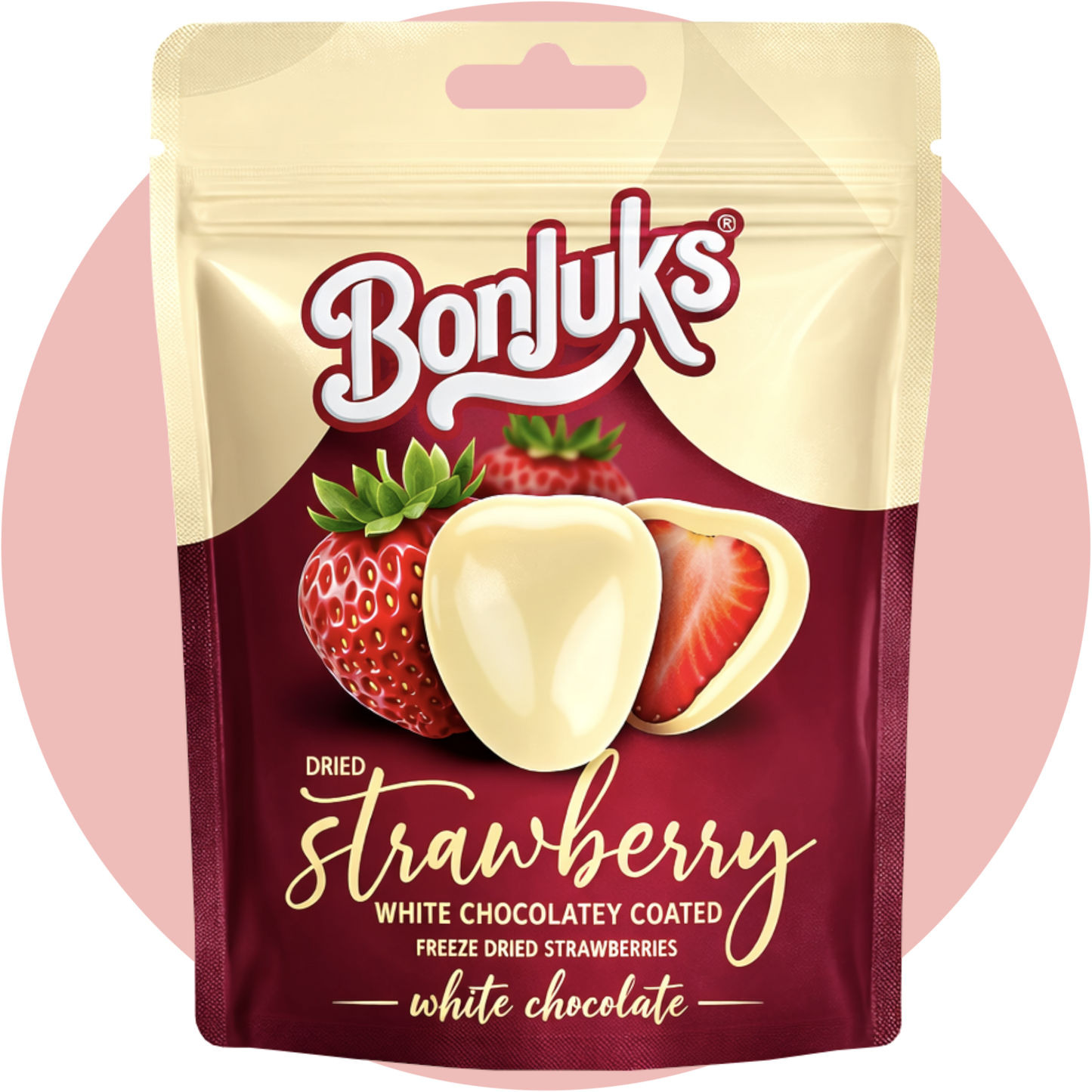 Bonjuks Freeze Dried Strawberry White Chocolate gefriergetrocknete Erdbeeren mit weißer Schokolade