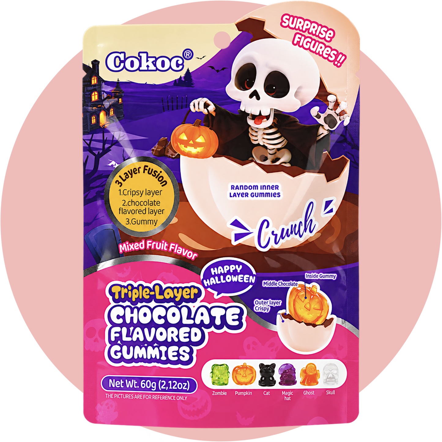 Cokoc Chocolate Halloween Triple Layer Gummies mit Schokoladengeschmack und Halloween-Figuren
