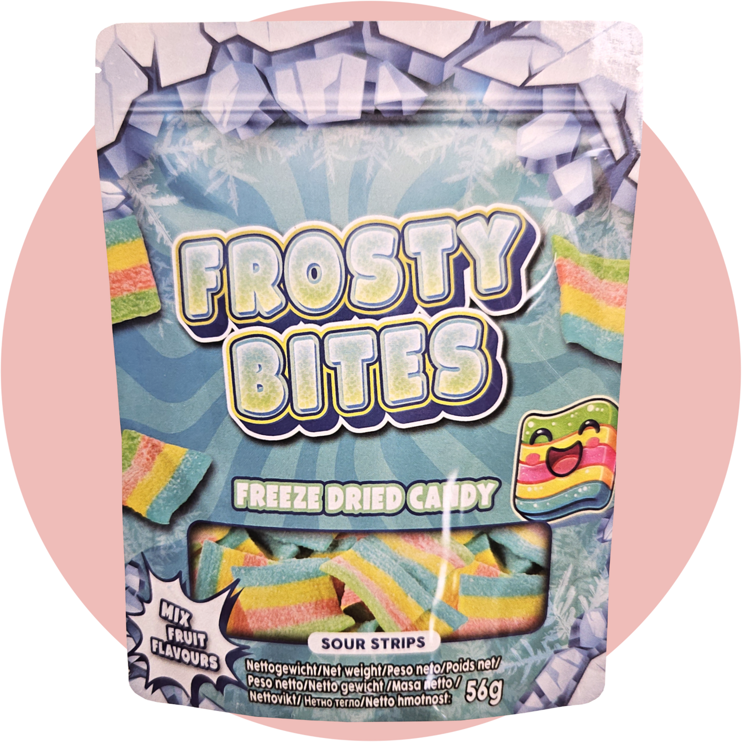 Frosty Bites Sour Strips – bunte gefriergetrocknete Regenbogen Streifen mit Fruchtgeschmack