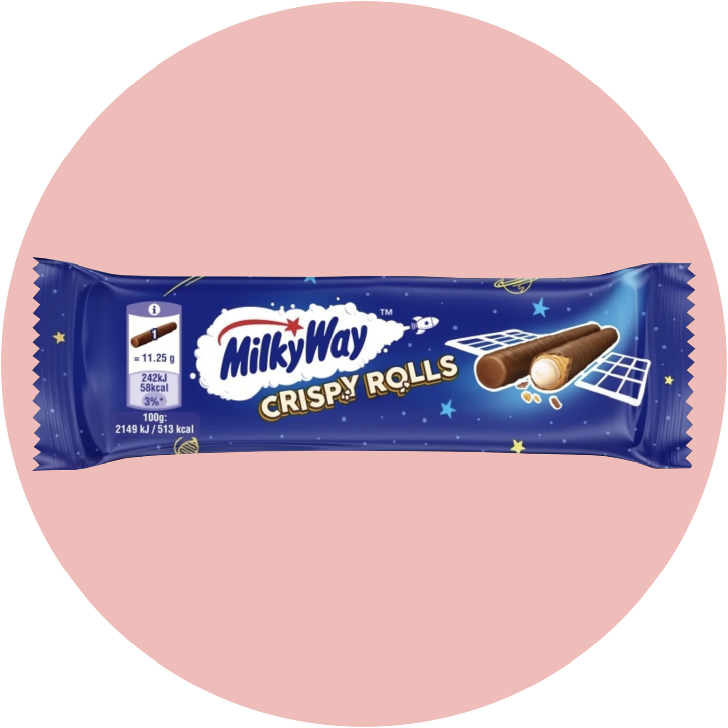 Milky Way Crispy Rolls – Knusprige Waffelrollen mit cremiger Milky Way Füllung in blauer Verpackung