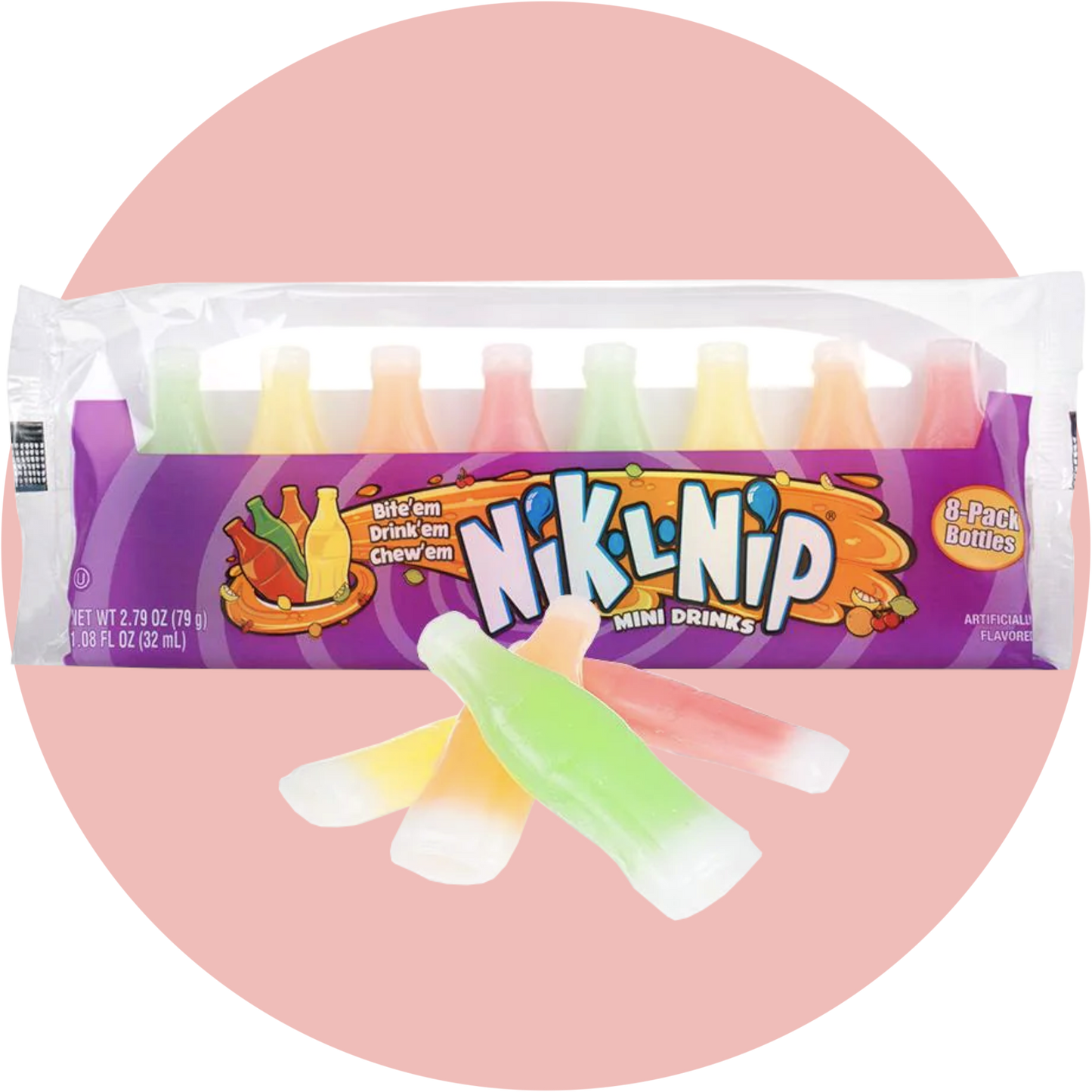 Nik L Nip Wax Candy Fläschchen mit fruchtiger Füllung aus Sirup, umgeben von essbarem Wachs