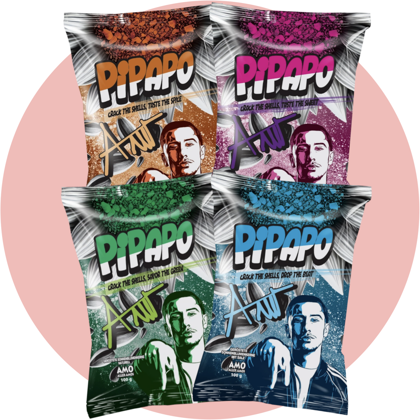 Pipapo Amo Sonnenblumenkerne Bundle – Vier Sorten Sonnenblumenkerne vom Rapper Amo: Original, Salted Blue, Taco und Popcorn in stylischer Kombi