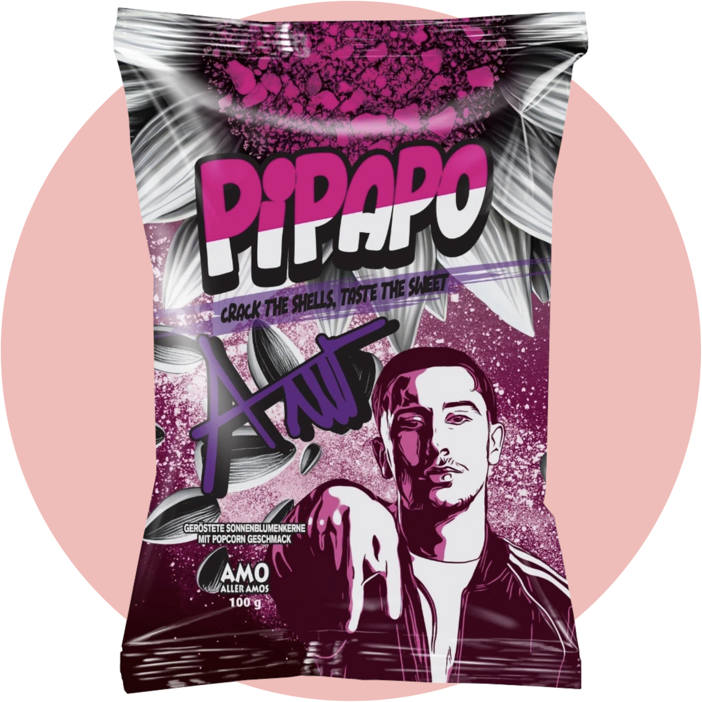 Pipapo Körner Amo Sonnenblumenkerne Popcorn– Süß aromatisierte Sonnenblumenkerne mit Popcorn-Geschmack in lila Verpackung vom Rapper Amo