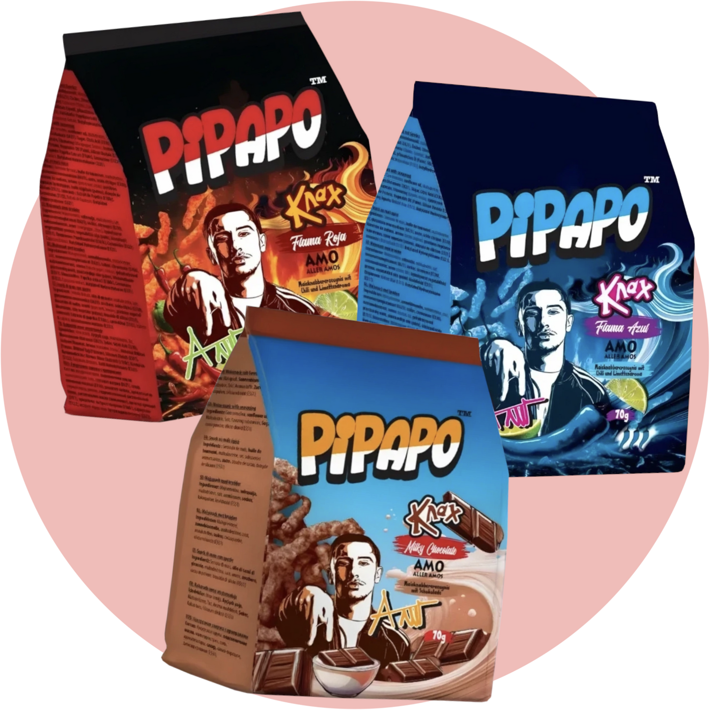 Pipapo Knax Bundle – 3 Sorten Maissnacks von AMO: Flama Azul, Flama Roja und Milky Chocolate