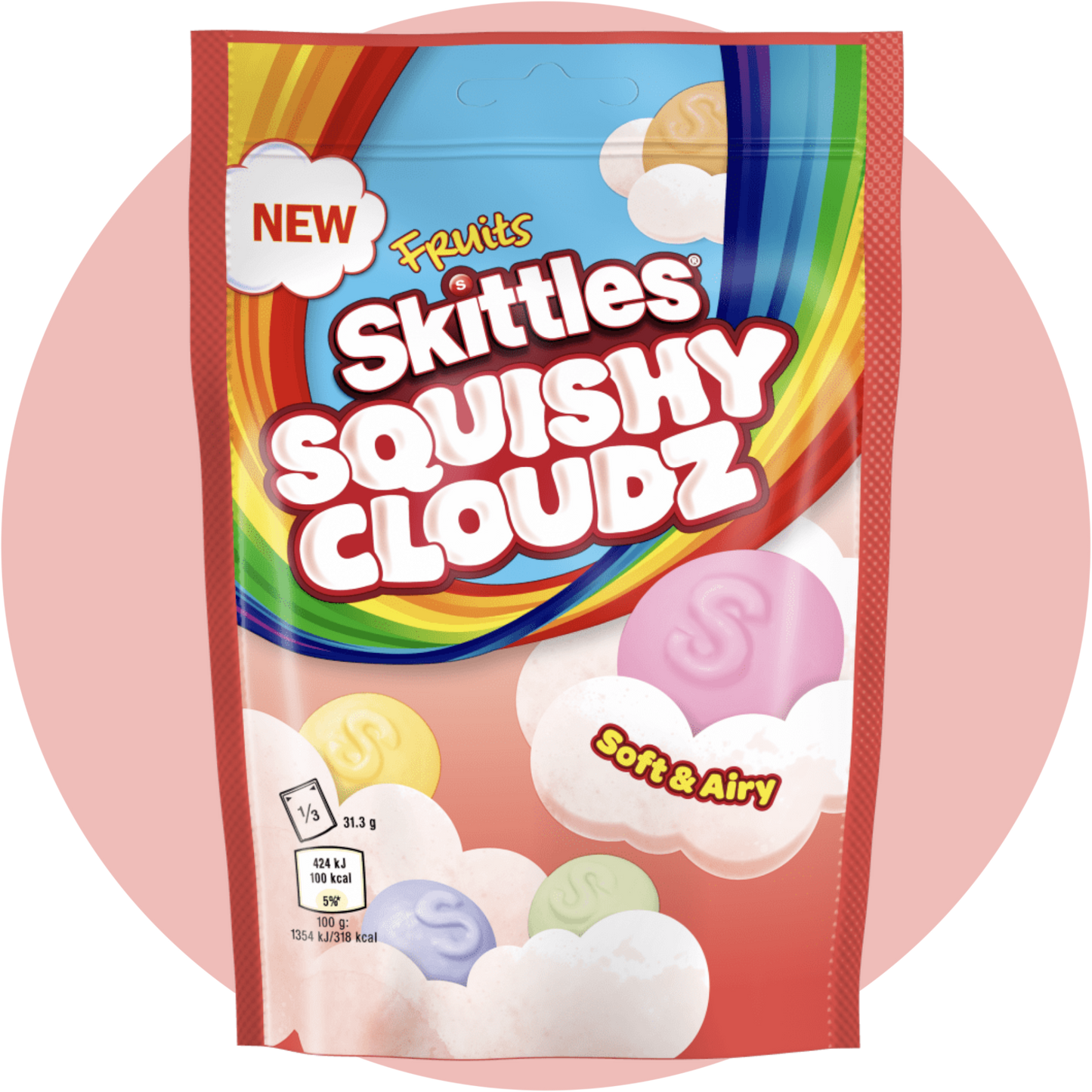 Skittles Squishy Cloudz – Weiche Fruchtgummis mit Skittles-Geschmack in Regenbogenfarben in bunter Verpackung