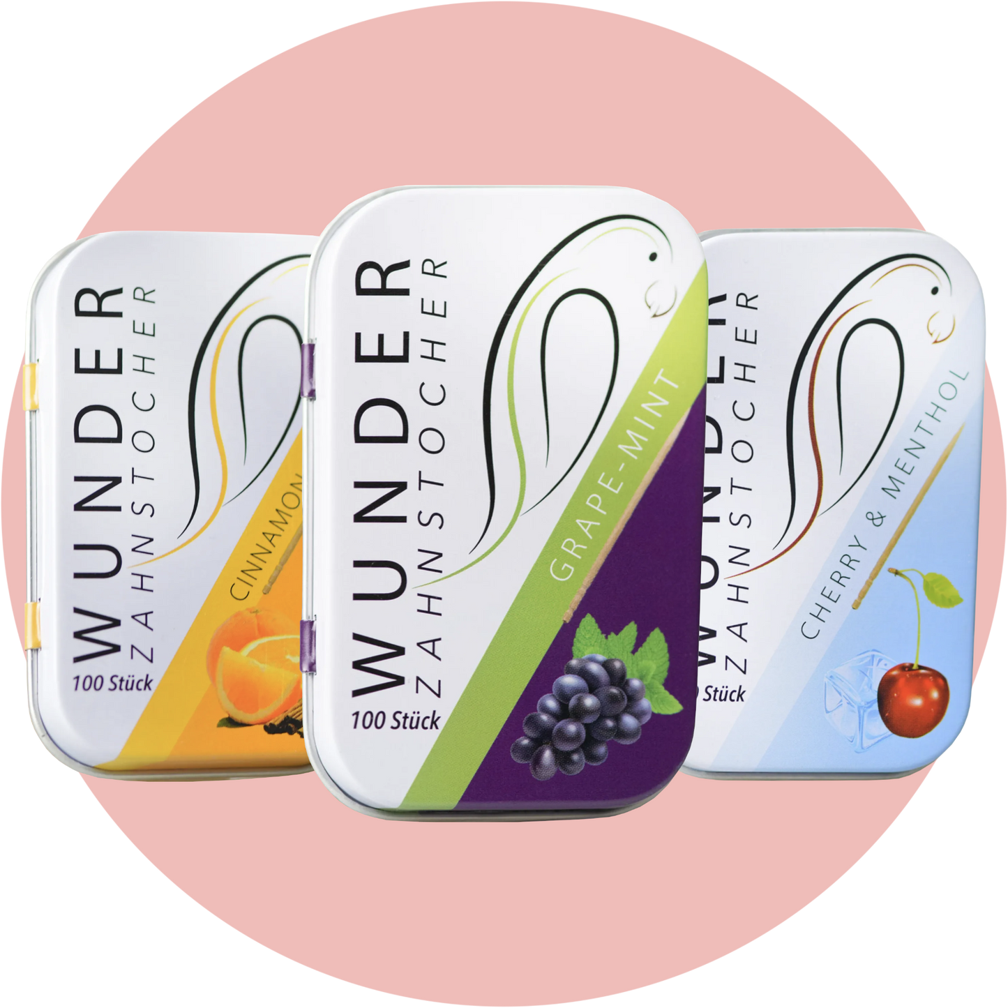 Wunder Zahnstocher Bundle Trio-Fresh – Aromatisierte Zahnstocher in den Sorten Traube & Mint, Kirsche & Menthol und Orange & Cinnamon