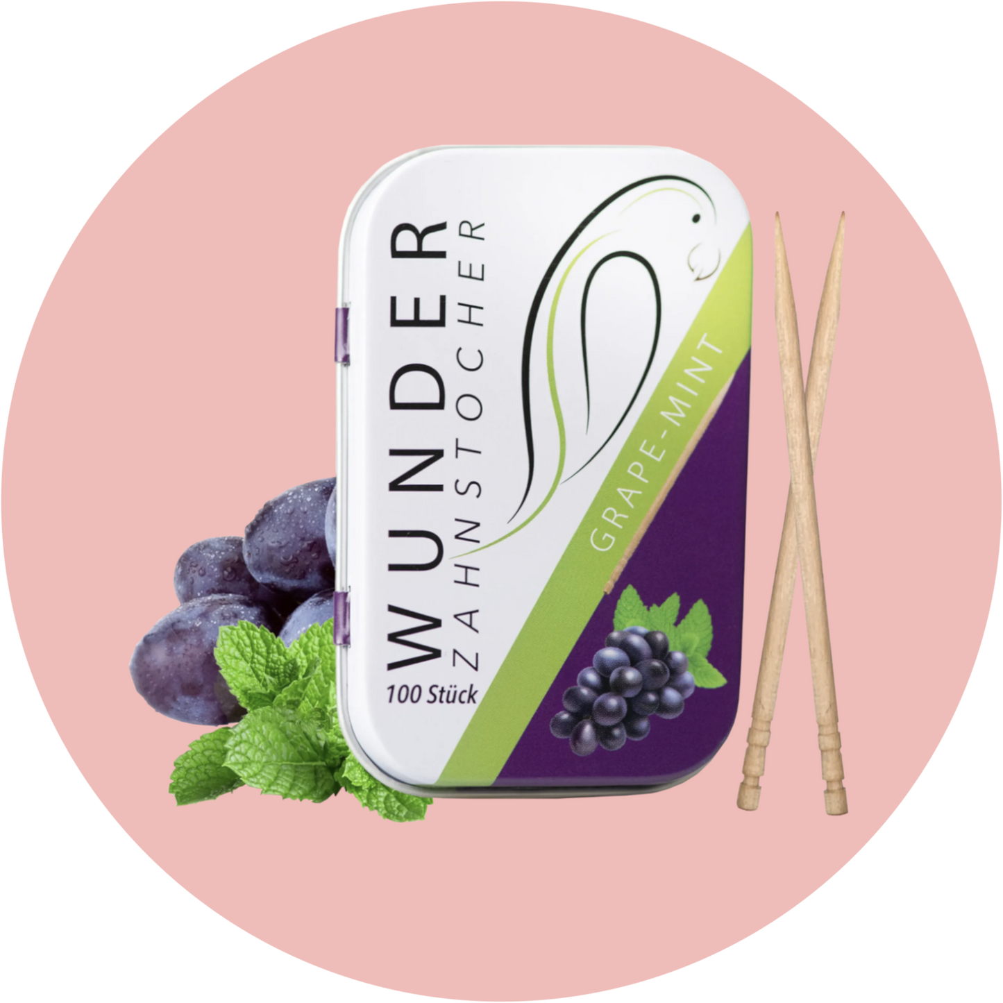 Wunder Zahnstocher Traube & Mint – Aromatisierte Zahnstocher mit Traubengeschmack und frischer Minze in praktischer Dose