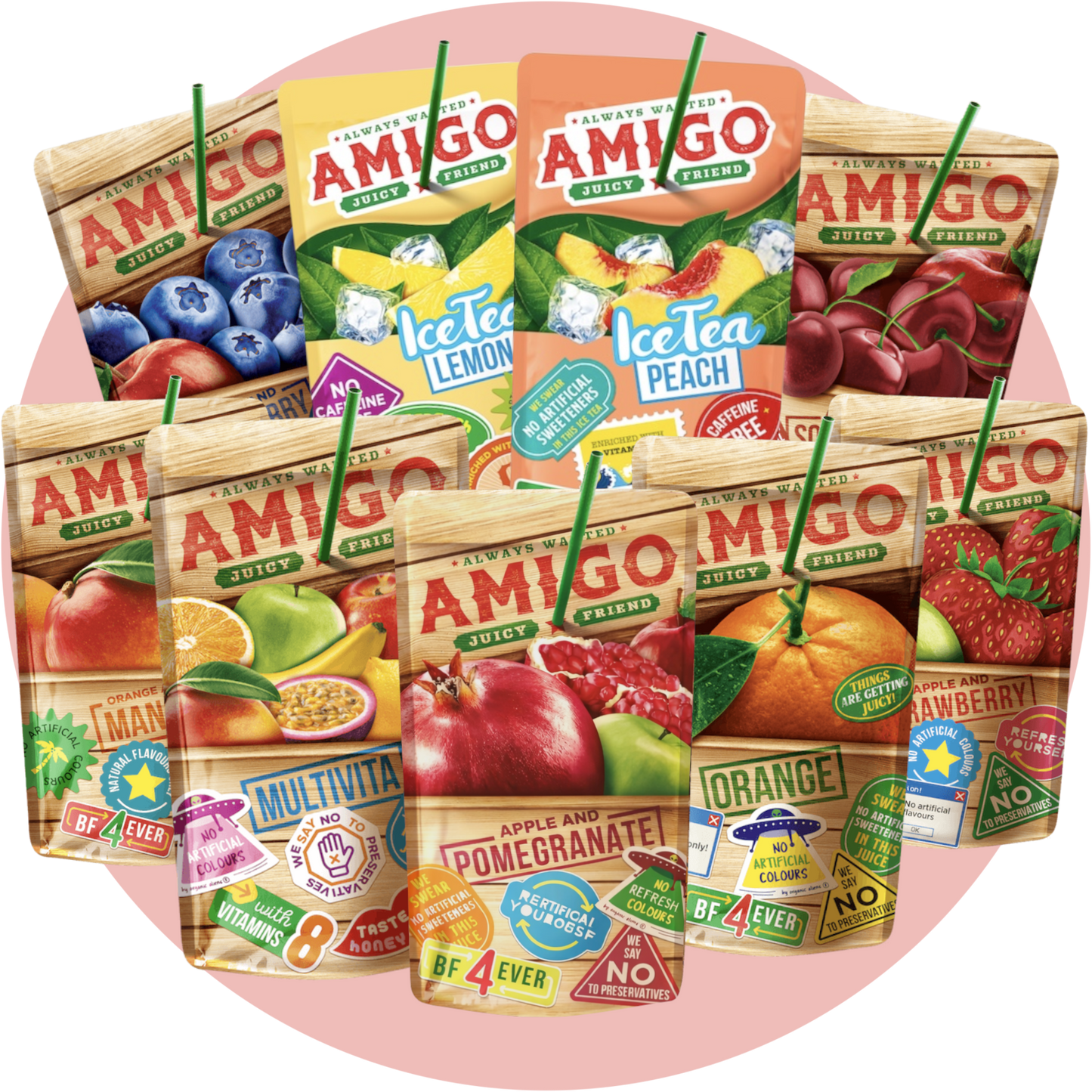 Amigo Bundle – 9 verschiedene Drinks im Trinkpäckchen: Strawberry, Orange, Multivita, Mango, Blueberry, Cherry, Pomegranate, Ice Tea Peach & Lemon