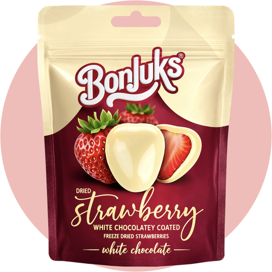 Bonjuks Freeze Dried Strawberry White Chocolate gefriergetrocknete Erdbeeren mit weißer Schokolade