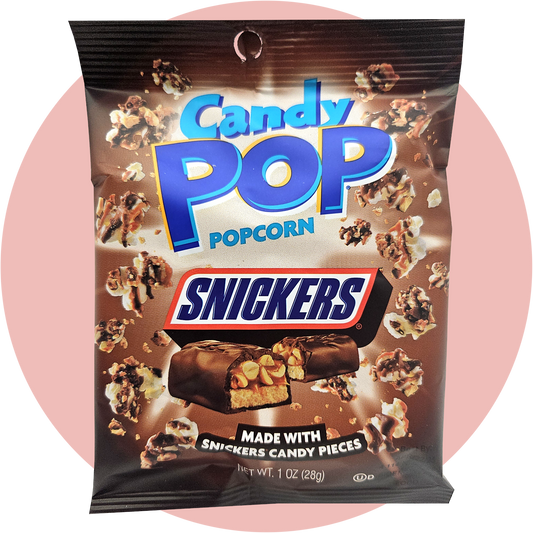 Candy Pop Popcorn Snickers - Popcorn mit Snickers Geschmack aus Erdnuss, Schokolade und Karamell in brauner Verpackung