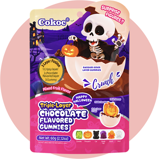 Cokoc Chocolate Halloween Triple Layer Gummies mit Schokoladengeschmack und Halloween-Figuren