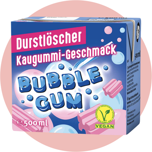 Durstlöscher Bubble Gum – Getränk mit süßem Kaugummi Geschmack in blau rosa Verpackung