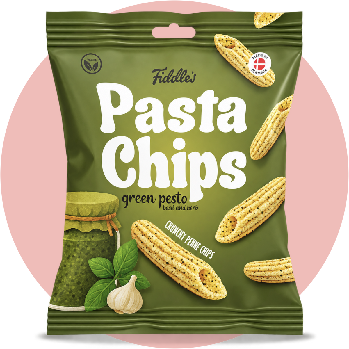 Fiddle’s Pasta Chips Green Pesto knusprige vegane Penne Chips mit Basilikum und Kräutern