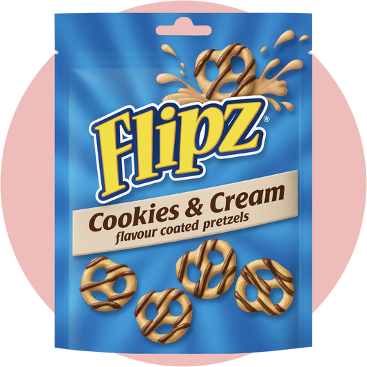 Flipz Cookies Cream – Knusprige Brezeln mit süßer Cookies & Cream Glasur in blauer Verpackung