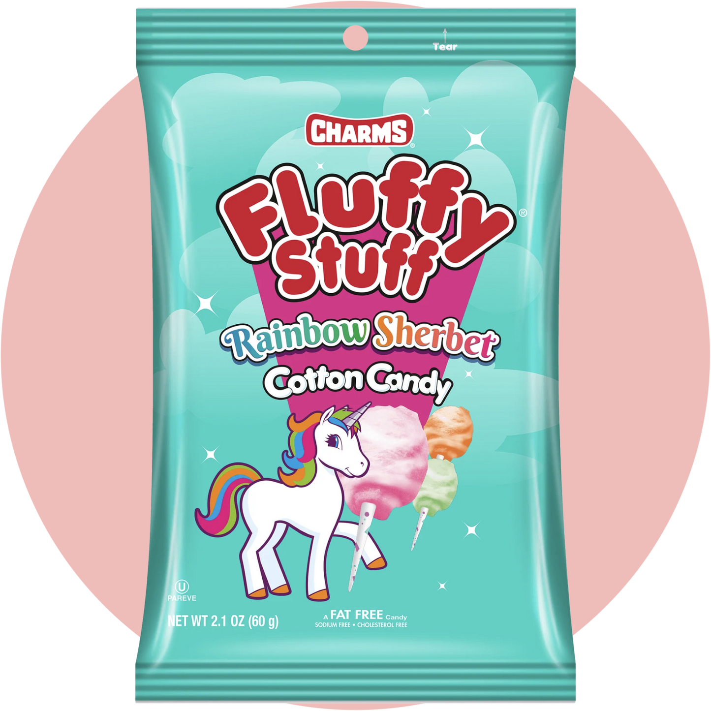 Fluffy Stuff Cotton Candy Rainbow bunte Zuckerwatte in Tütenverpackung mit Regenbogenfarben und auffälligem farbenfrohen Design
