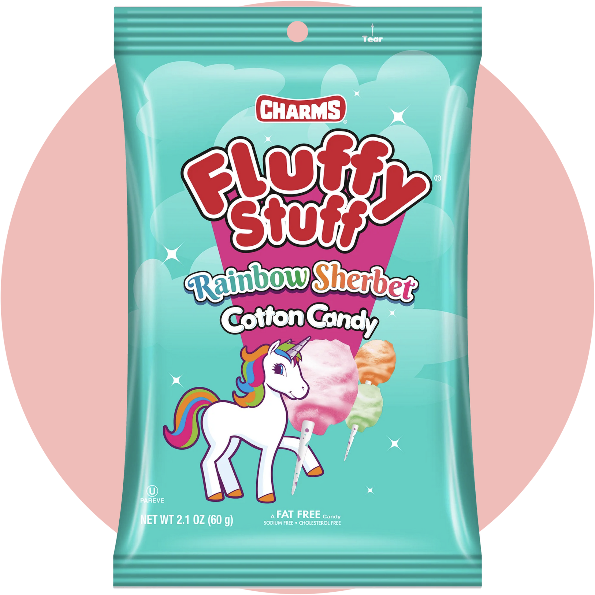 Fluffy Stuff Cotton Candy Rainbow bunte Zuckerwatte in Tütenverpackung mit Regenbogenfarben und auffälligem farbenfrohen Design