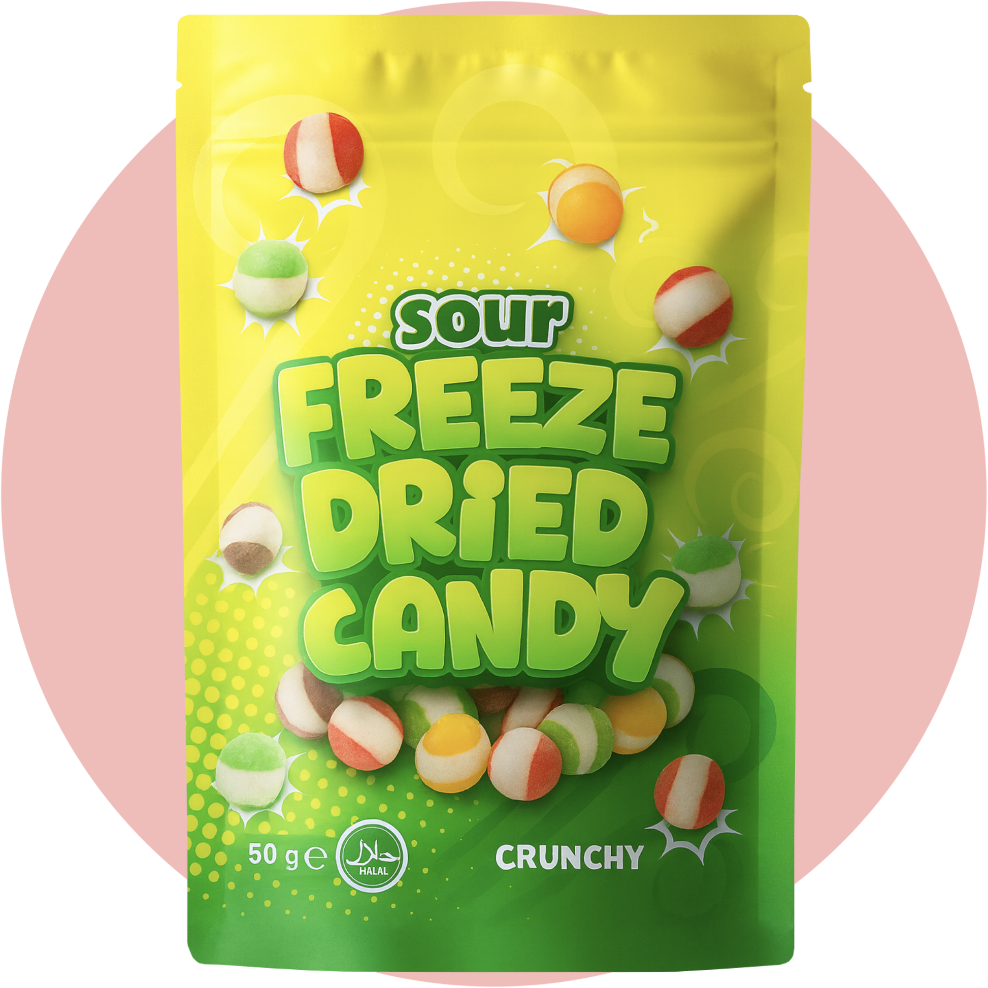 Freeze Dried Candy Sour in gelber Verpackung mit bunten sauren Kugeln