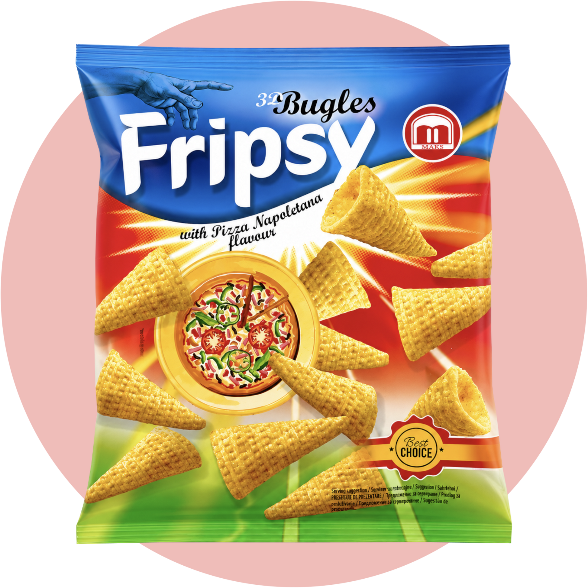 Fripsy Bugles Pizza Mais Snack mit würzigem Pizza Geschmack
