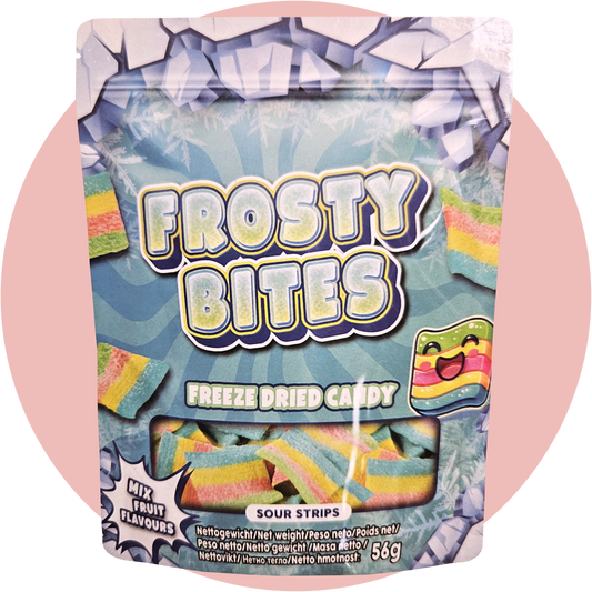 Frosty Bites Sour Strips – bunte gefriergetrocknete Regenbogen Streifen mit Fruchtgeschmack