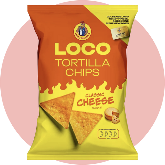 Loco Tortilla Chips Classic Cheese – Maischips mit Cheddar-Geschmack vom Rapper Luciano in stylischer Verpackung