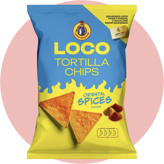 Loco Tortilla Chips Oriental Spices – Maischips mit orientalischer Gewürzmischung vom Rapper Luciano in blau gelber Verpackung

