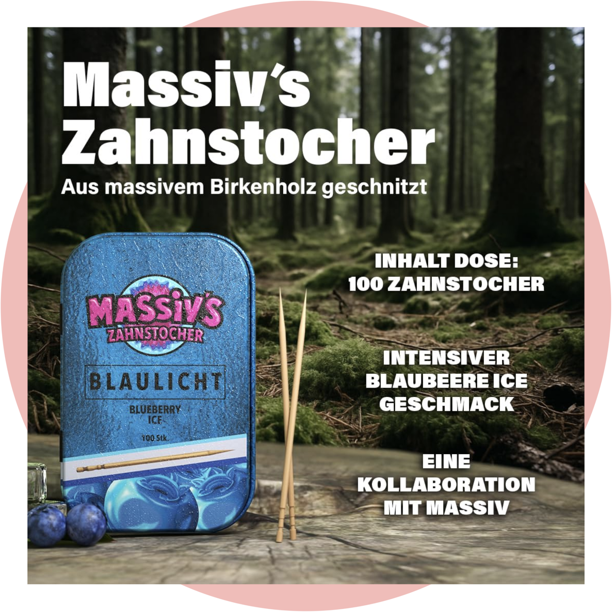 Massiv Zahnstocher BLAULICHT - Blaubeere Blueberry Ice Zahnstocher mit Geschmack in stilvoller Metalldose