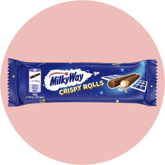 Milky Way Crispy Rolls – Knusprige Waffelrollen mit cremiger Milky Way Füllung in blauer Verpackung