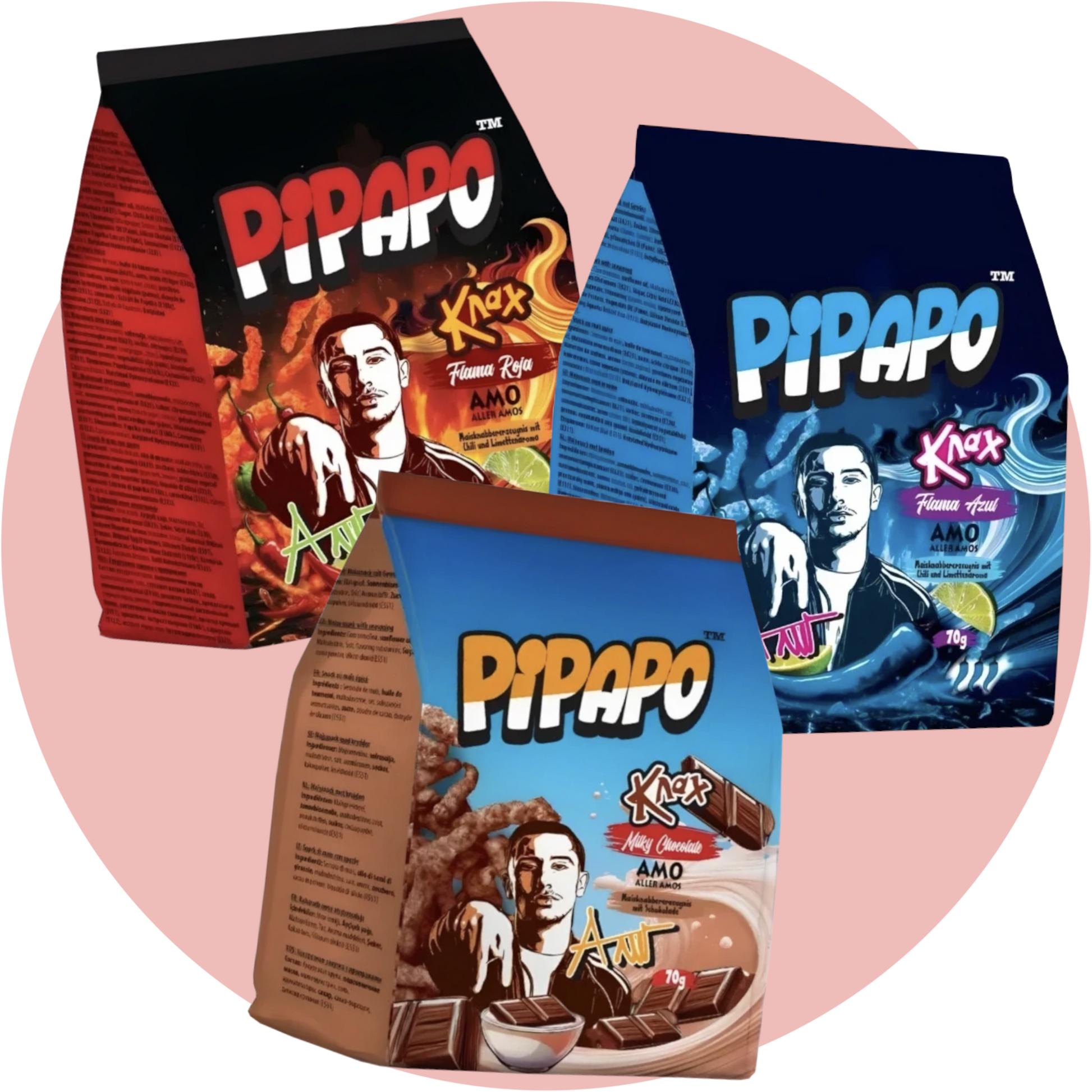Pipapo Knax Bundle – 3 Sorten Maissnacks von AMO: Flama Azul, Flama Roja und Milky Chocolate
