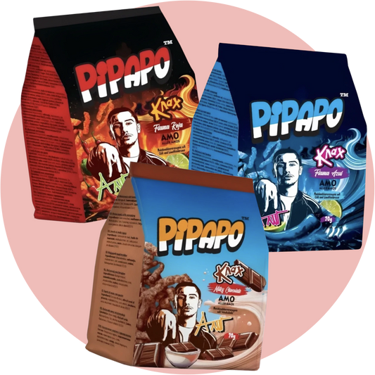 Pipapo Knax Bundle – 3 Sorten Maissnacks von AMO: Flama Azul, Flama Roja und Milky Chocolate