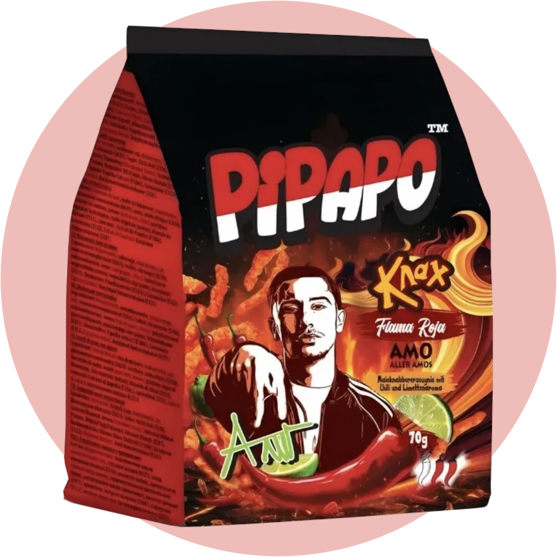 Pipapo Knax Flama Roja – Roter Maissnack mit Chili und Limette, inspiriert von Rapper AMO