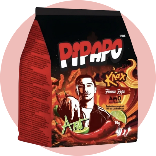 Pipapo Knax Flama Roja – Roter Maissnack mit Chili und Limette, inspiriert von Rapper AMO