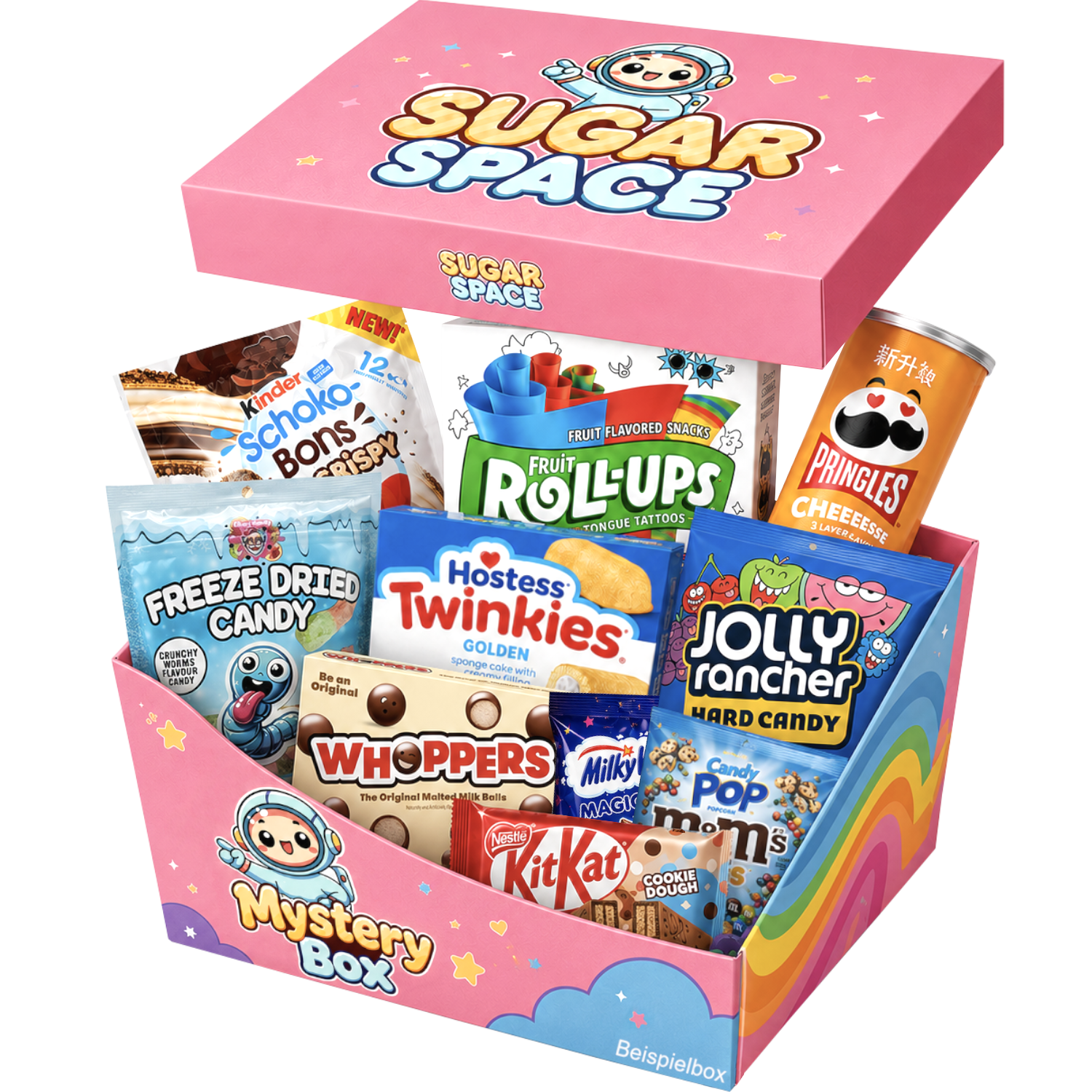 Mystery Box M mit bunter Auswahl an Süßigkeiten und Snacks aus aller Welt, darunter amerikanische und japanische Spezialitäten
