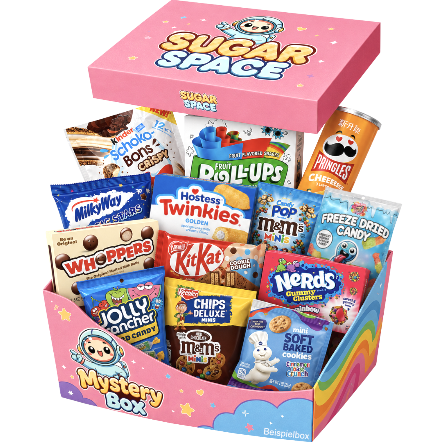 Große Süßigkeiten Box gefüllt mit internationalen Süßwaren, Snacks aus Amerika, USA, Japan und weiteren Ländern der Welt